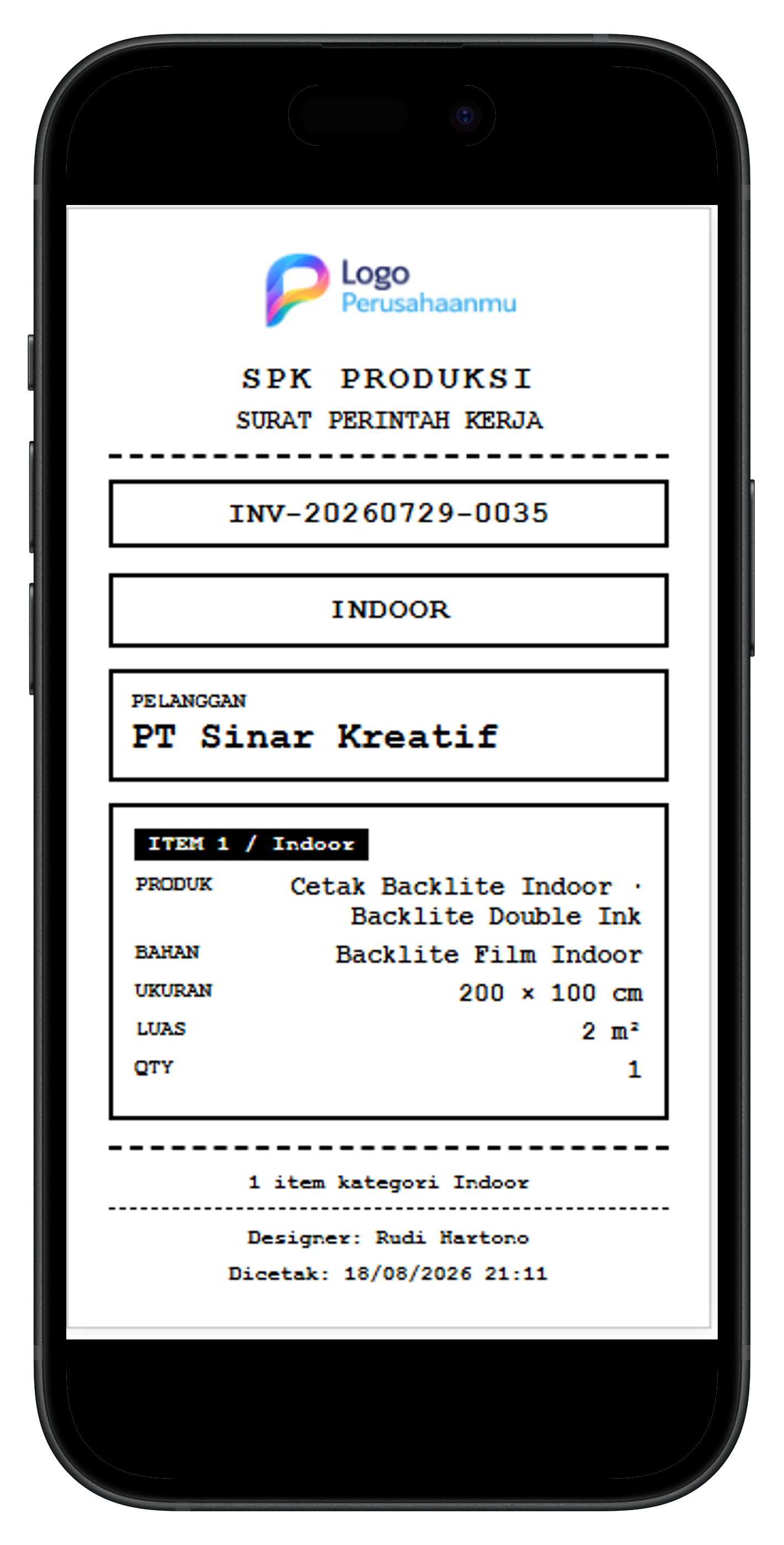 Smartphone menampilkan SPK produksi