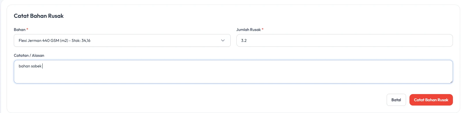 Isi bahan dan jumlah rusak