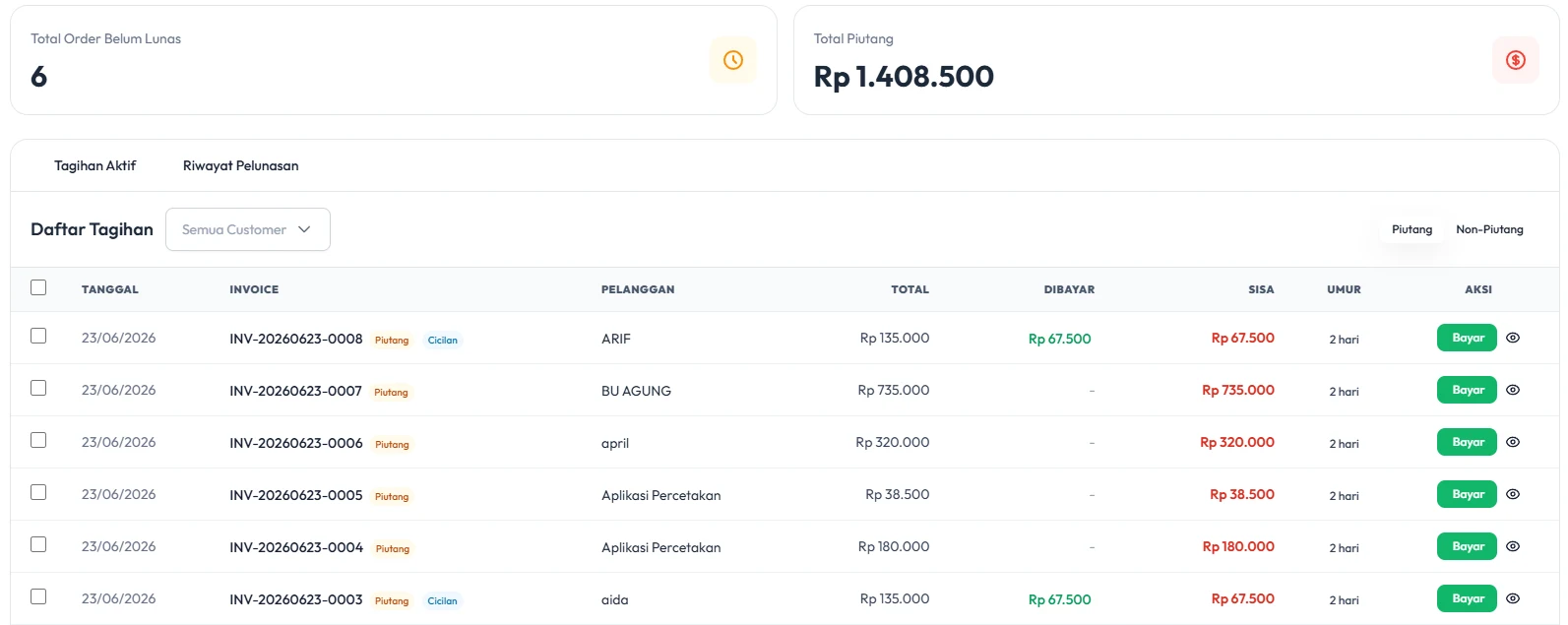 Filter dan cek tagihan aktif