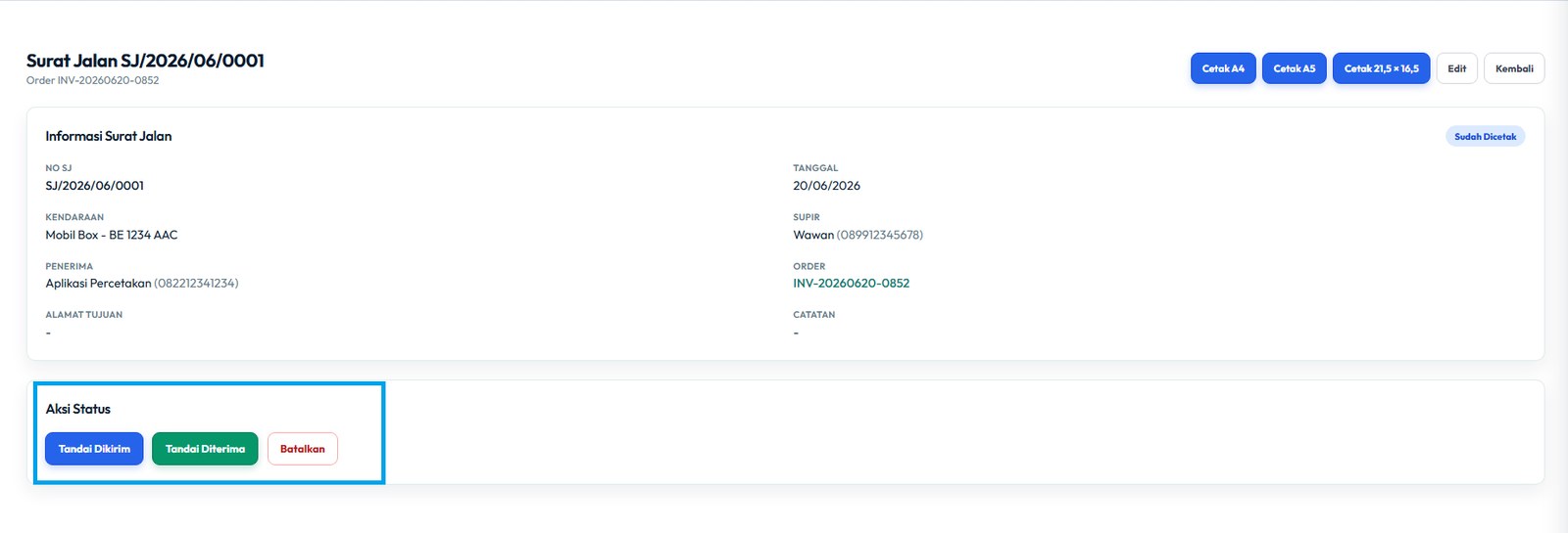 Update status kirim barang