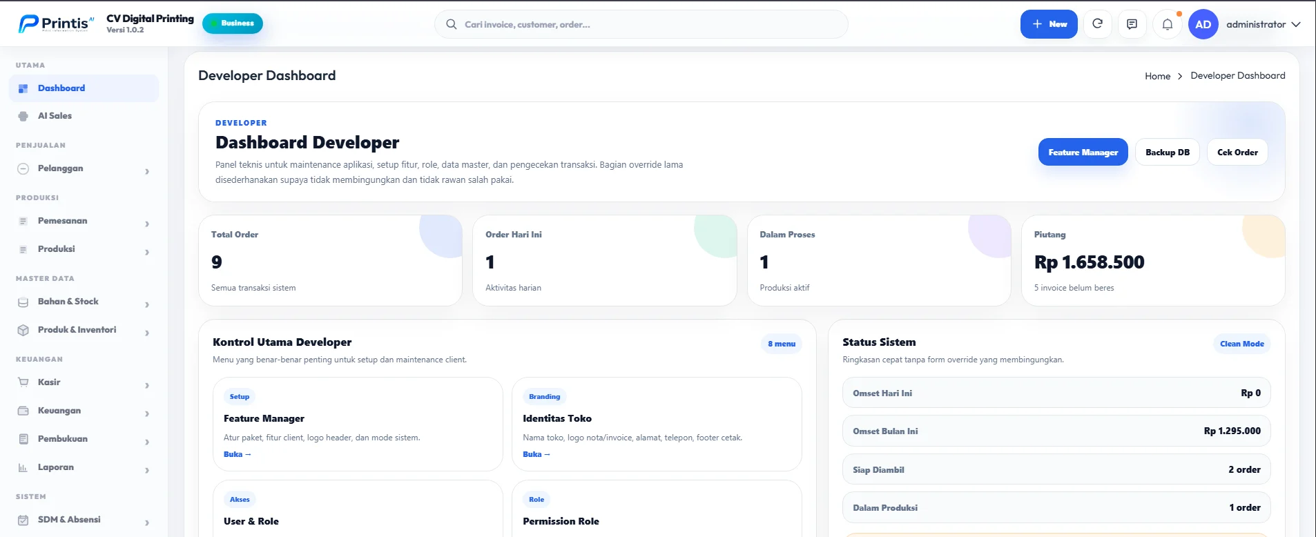 Tampilan fitur Dashboard pada POS Printis AI
